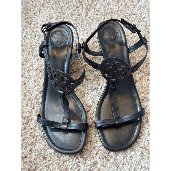 TORY BURCH T-Strap Black Leather Wedge strappy sandals, size 7.5 M - Picture 1 of 13